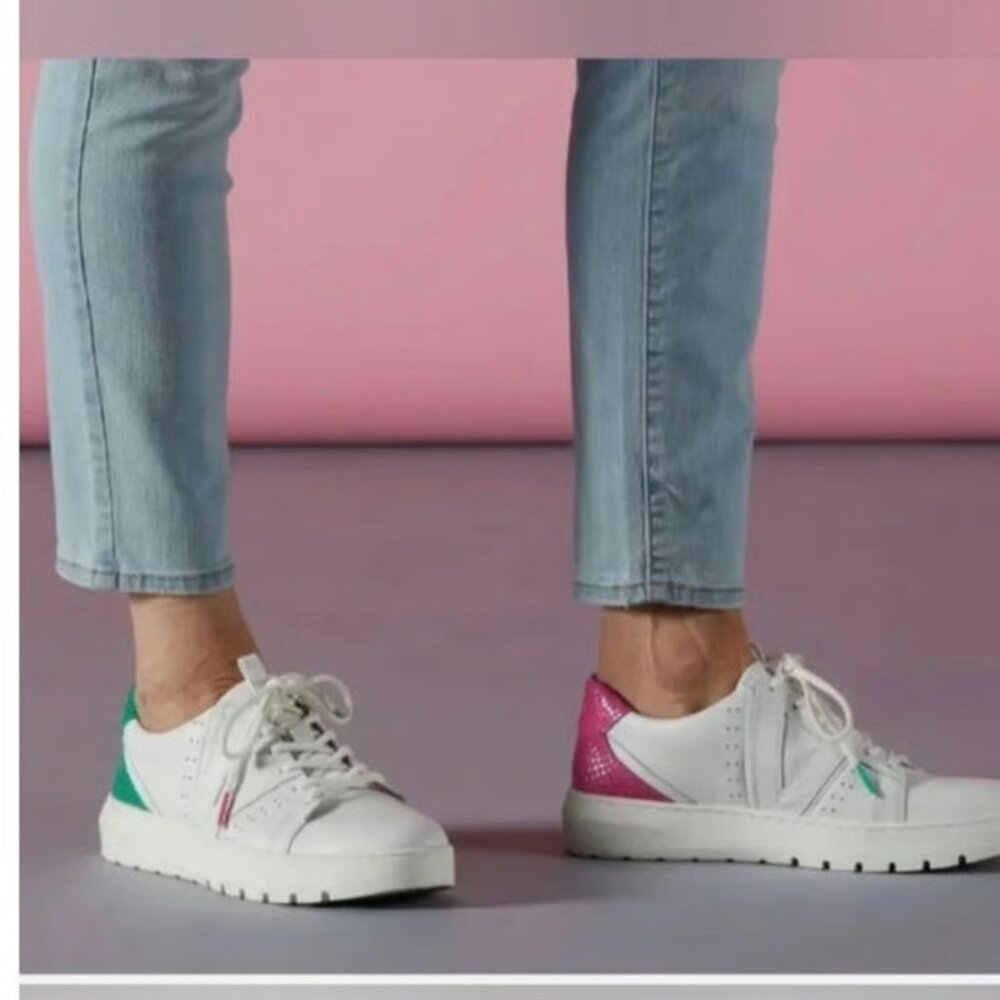 Vionic Simasa Abyss White Leather Sneakers with Pink and Green Accents…Size 6